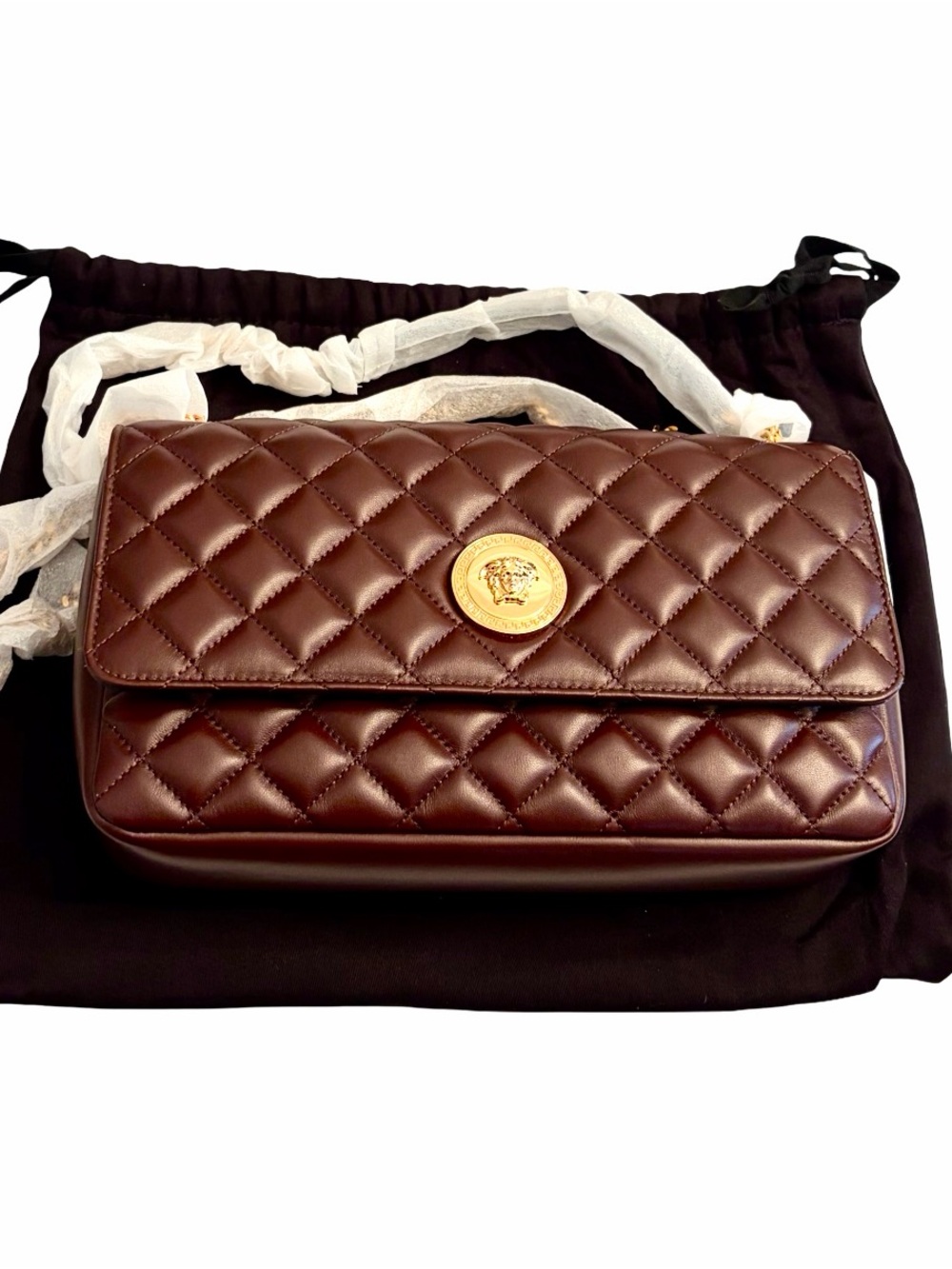 Versace La Medusa Brown Quilted Lambskin Leather Medium Crossbody Shoulder Bag - Picture 12 of 16